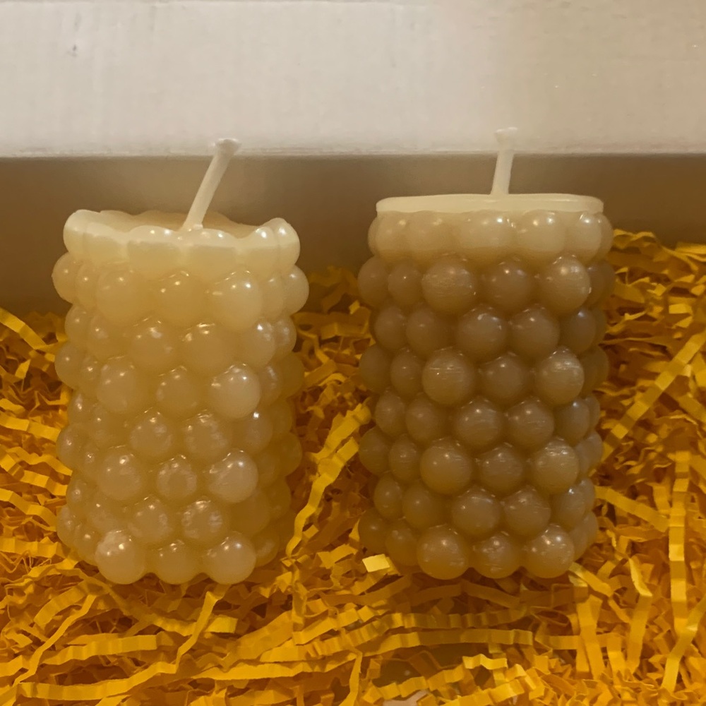 Set of Two Bubble Beeswax Candles in Cream and Tan